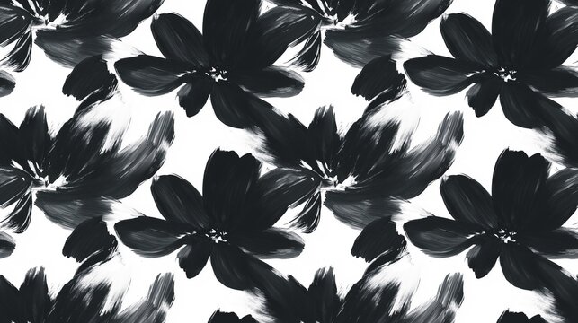 Abstract monochrome flowers painted with brush strokes seamless pattern. Black and white colors flowers graphic design art. Black ink drawing on white background. AI artwork. 