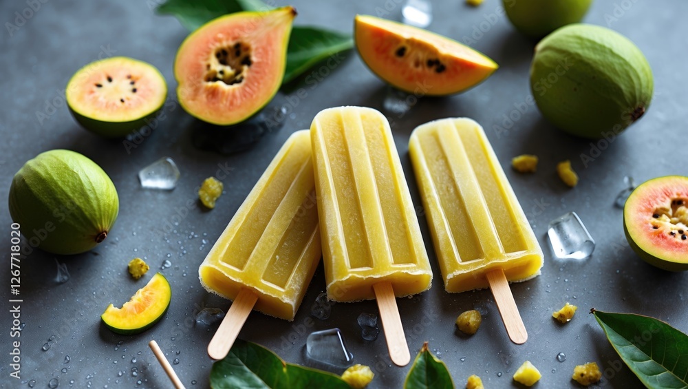 Poster guava flavored popsicles on a grey background with fresh guavas and sliced guava pieces surrounding 