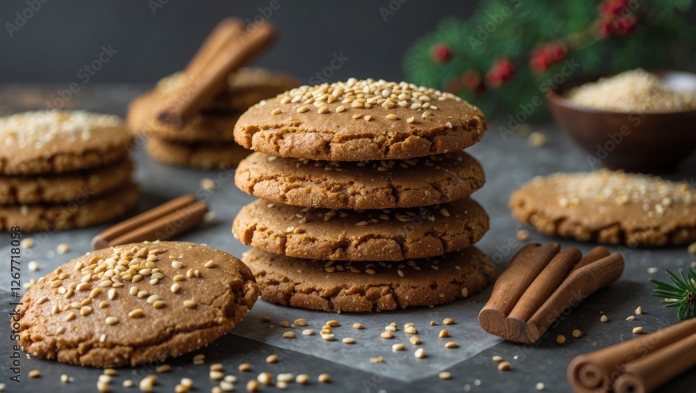 Poster stack of sesame cookies on a table with cinnamon sticks and holiday decorations in the background co
