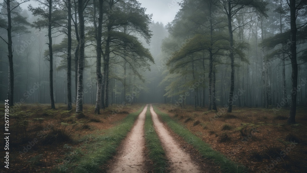 Poster misty forest path with dirt road surrounded by tall trees and undergrowth in tranquil landscape with