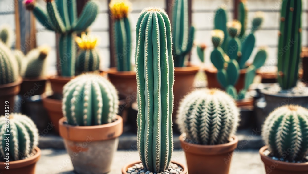 Aufkleber cacti collection in pots with various shapes and sizes including tall green cactus and round spiky v