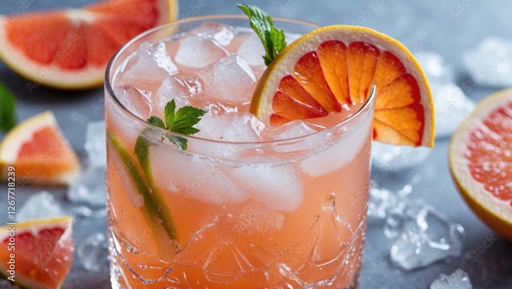 Poster grapefruit cocktail with ice in glass decorated with mint and grapefruit slice on gray background wi