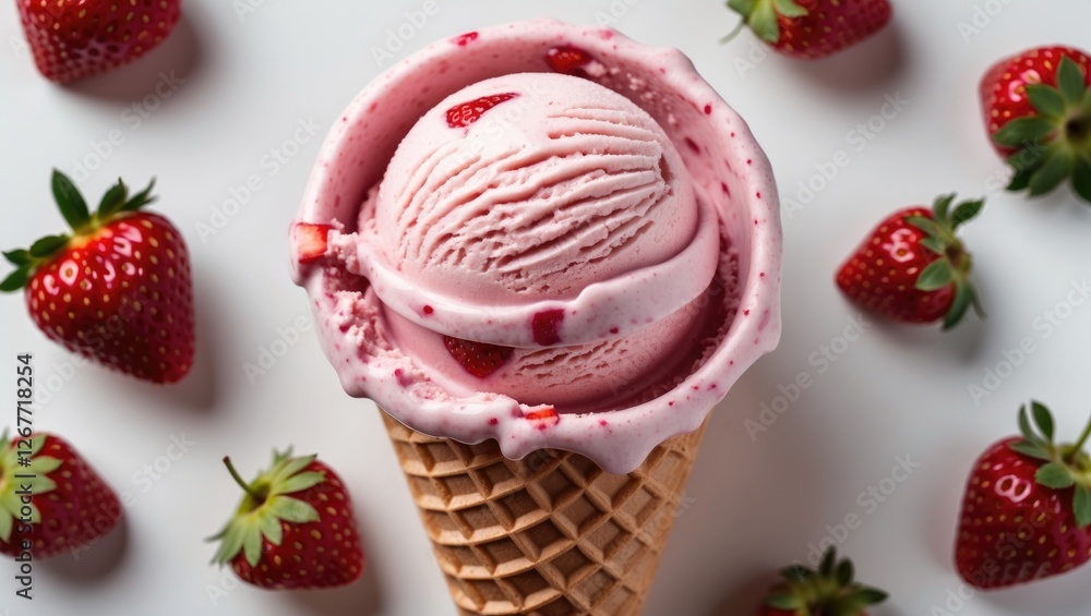 Poster strawberry ice cream scoop in a waffle cone surrounded by fresh strawberries on a light background w