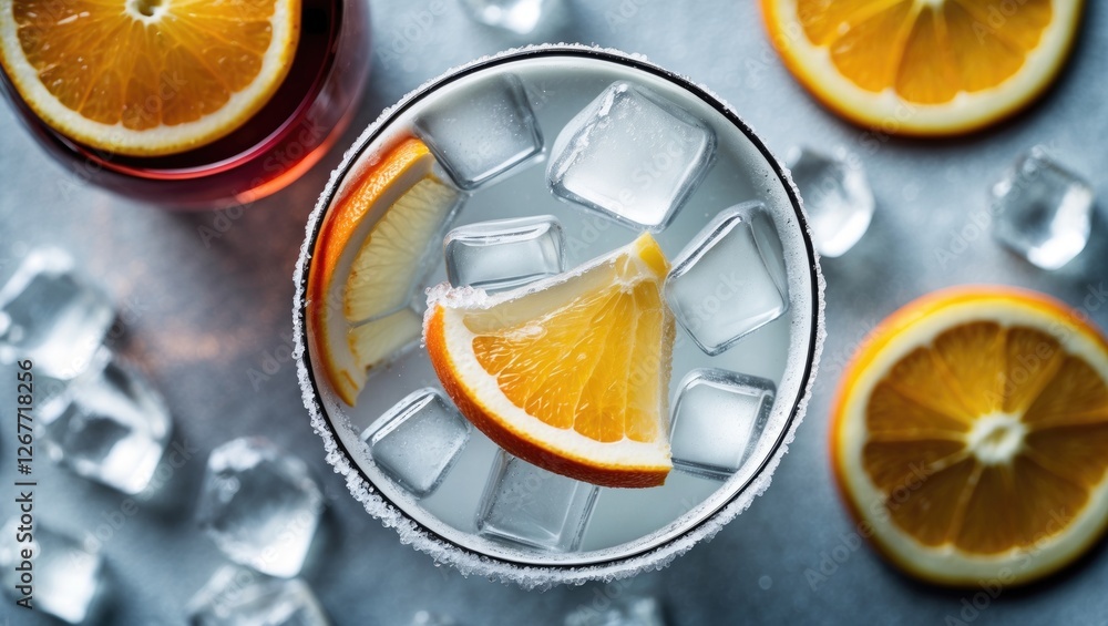 Poster refreshing citrus cocktail with orange slices and ice cubes on a metallic background with additional