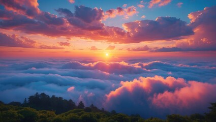 Sunset over cloud-covered mountains with vibrant colors and dramatic sky in a peaceful landscape copy space