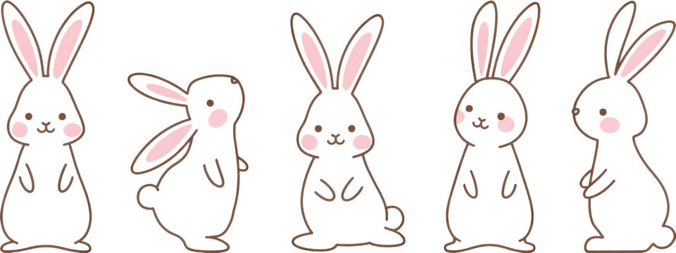 Cute bunny rabbit outline sketch vector illustration. Minimal bunny line art doodle in different poses.
