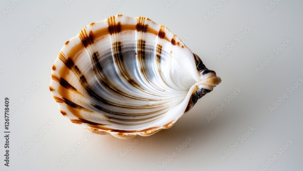 Poster decorative striped seashell on a light background with smooth texture and curves suitable for natura