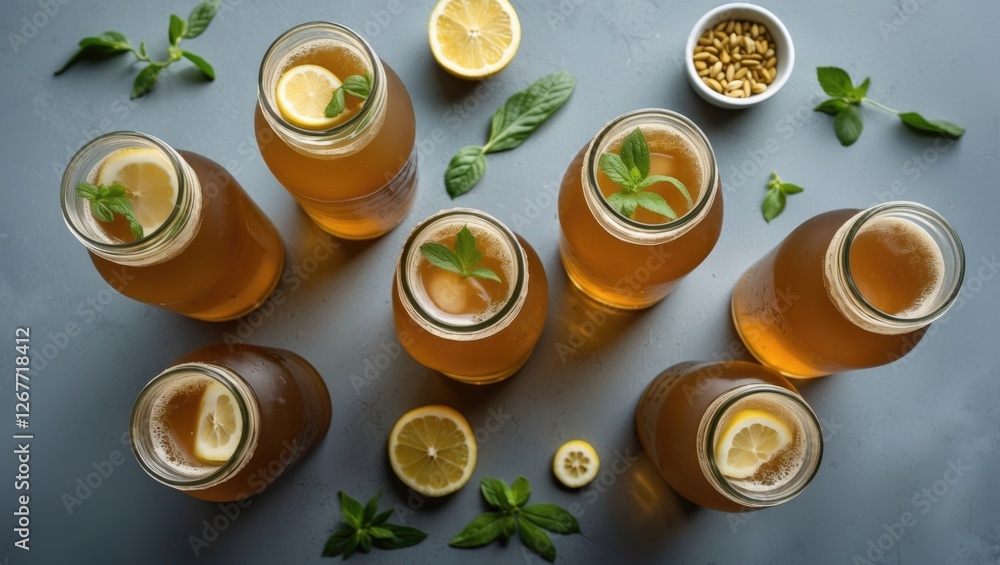 Poster assorted jars of iced tea with lemon slices and mint leaves arranged on a gray background with pine 
