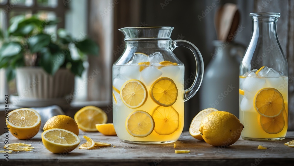 Poster lemonade pitcher with ice and lemon slices on wooden table surrounded by fresh lemons and greenery i
