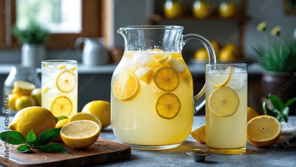 Poster freshly made lemonade in a glass pitcher with lemon slices and ice, served with lemons on a countert