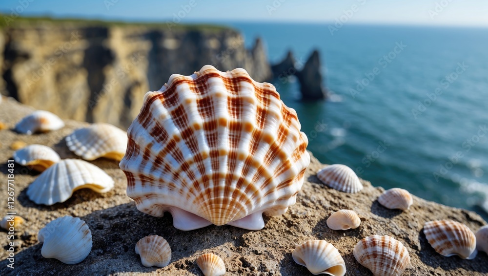 Poster close-up of a large striped seashell on rocky shore with small shells and ocean waves in background.