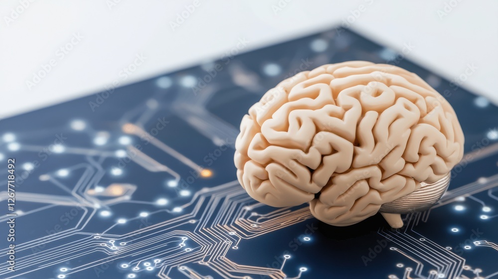 Aufkleber a brain rests on a circuit board, symbolizing the intersection of neuroscience and technology.