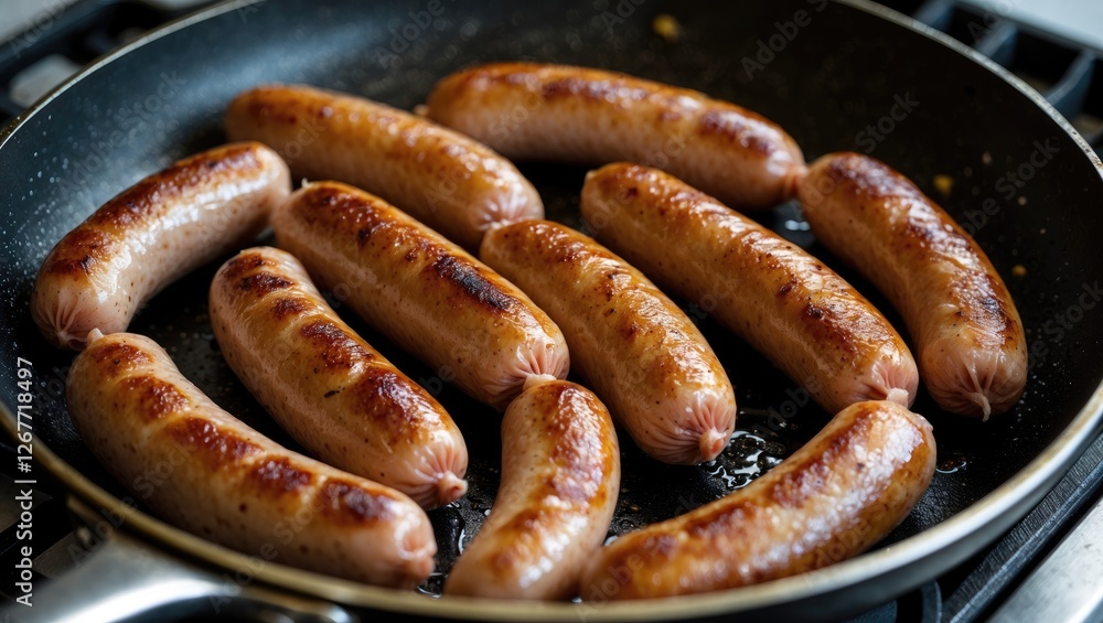 Poster Grilled sausages cooking in a frying pan on a stove top with a focus on texture and color of the meat Copy Space