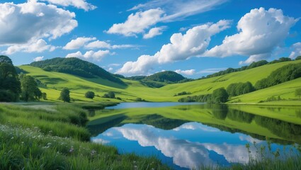 Scenic landscape of green hills and serene lake under a blue sky with fluffy clouds and reflections in the water Copy Space