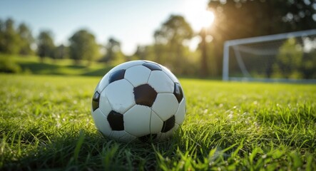 Fototapeta premium Close-up of a soccer ball on green grass in a park during a sunny day with a blurred goal post in the background Copy Space
