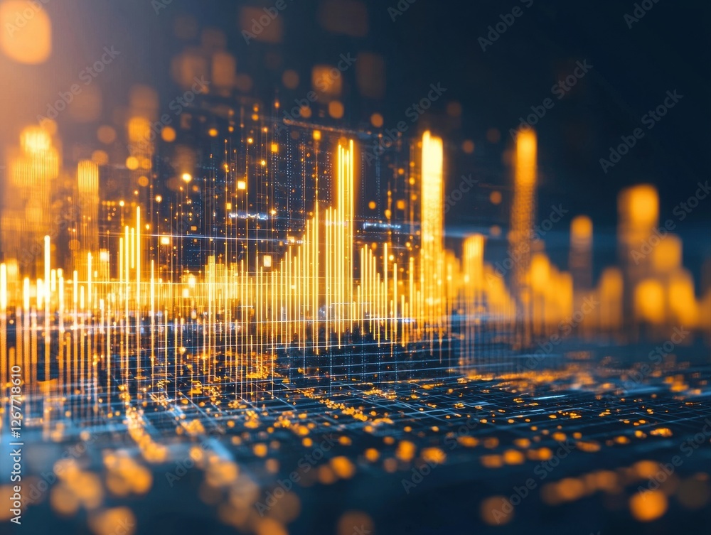 Poster a vibrant digital visualization of data, showcasing glowing bars and points that represent sound wav