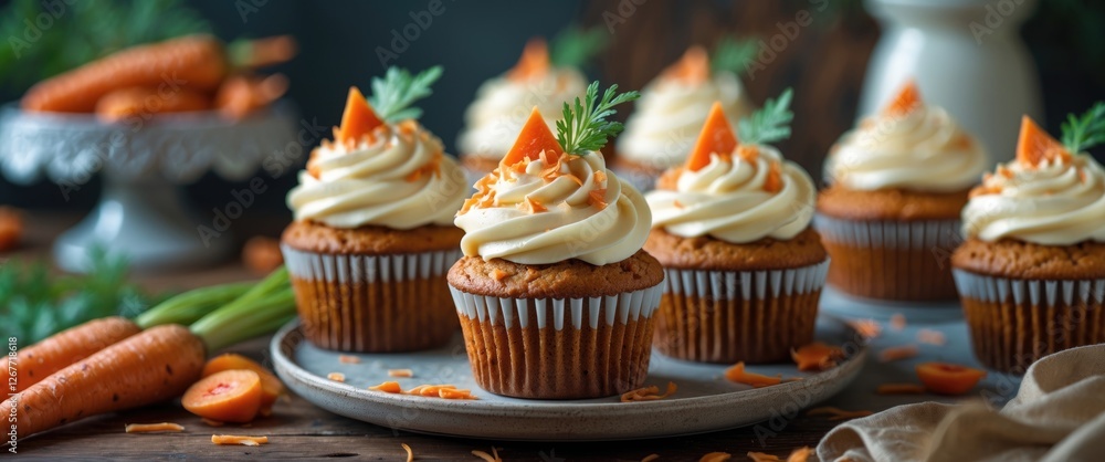 Poster carrot cupcakes with cream cheese frosting and decorative carrot tops arranged on a rustic wooden ta