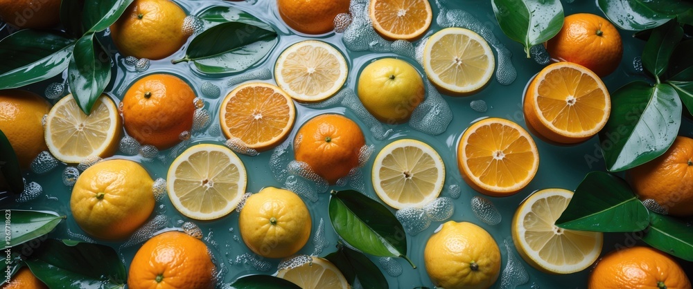Poster citrus fruits floating in water with green leaves displaying oranges and lemons on a blue background