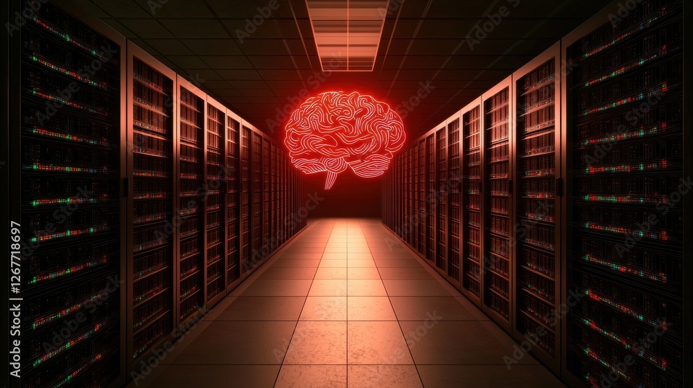 Poster a futuristic data center features glowing brain imagery, symbolizing the intersection of technology 