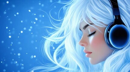 Fototapeta premium A young woman with flowing white hair wears sleek headphones, immersed in music against a dreamy blue backdrop, This image is perfect for themes of relaxation, music, or creativity in promotions,