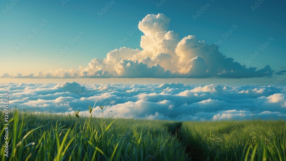 Aufkleber expansive view of green grass field leading to fluffy clouds above layers of cloudscape under clear 
