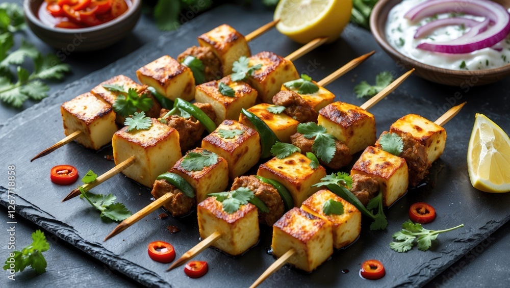 Poster grilled paneer skewers with vegetables and spices served on a black slate platter with lemon wedges 