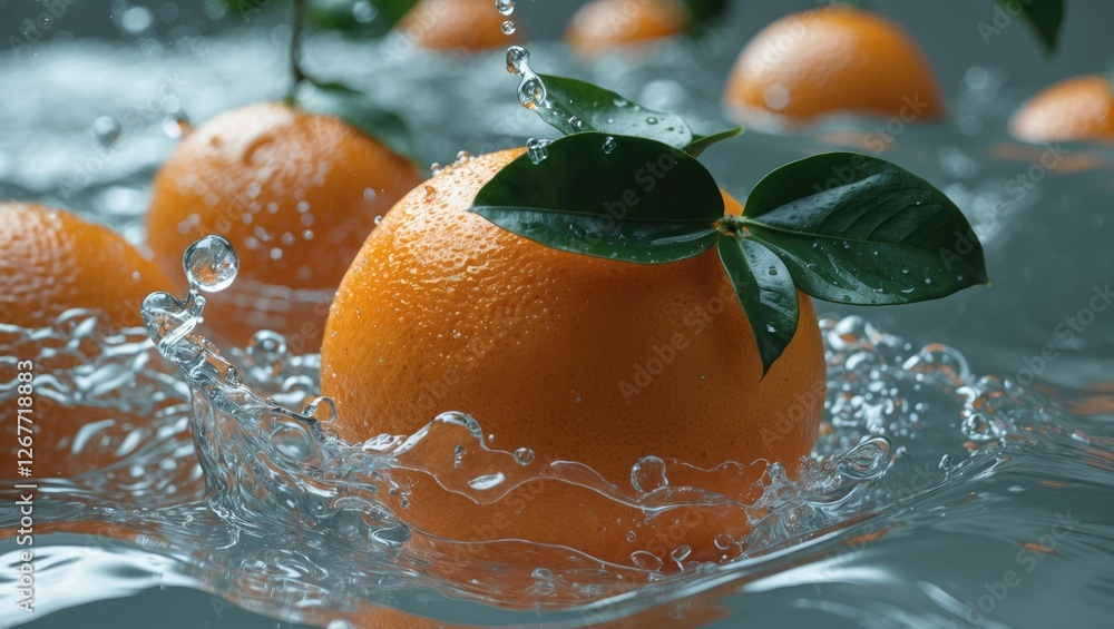 Poster oranges splashing in water on a blurred background with droplets creating ripples showing freshness 