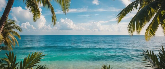 Tropical beach landscape with palm trees and clear blue ocean under a bright sky, serene sea view with copy space for text