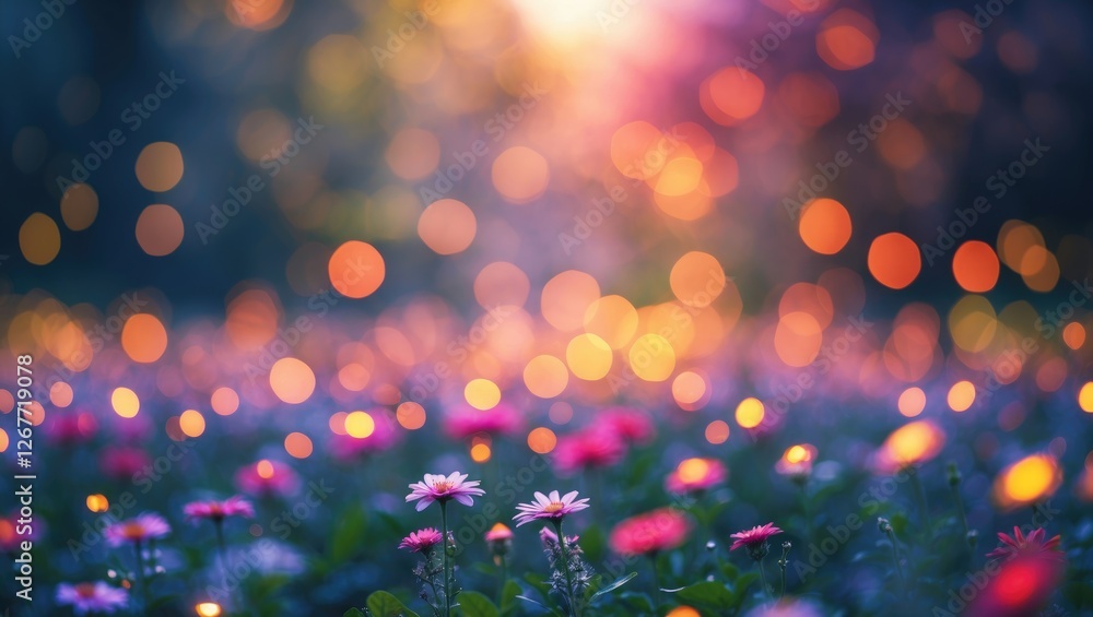 Poster colorful flower field with soft bokeh background at sunset creating a dreamy atmosphere for floral t