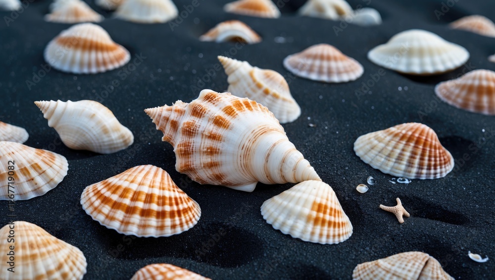 Poster seashells of various shapes and sizes scattered on dark sand with a small starfish visible in the sc