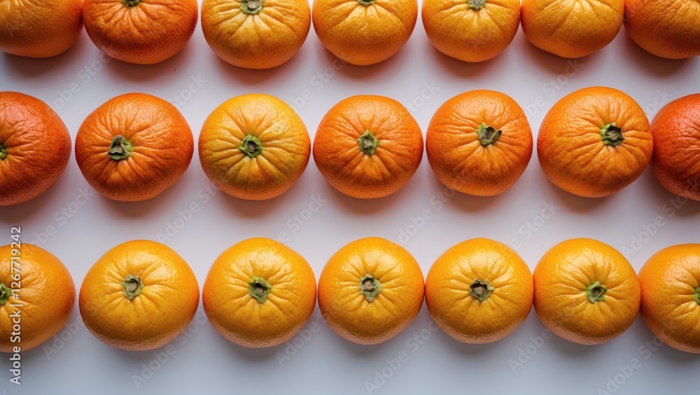 Poster row of fresh oranges arranged neatly on white background with copy space available for text