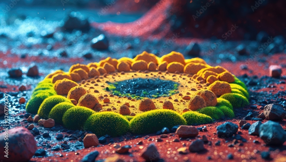 Poster colorful abstract pattern made of moss and rocks on a textured surface with vibrant lighting and det