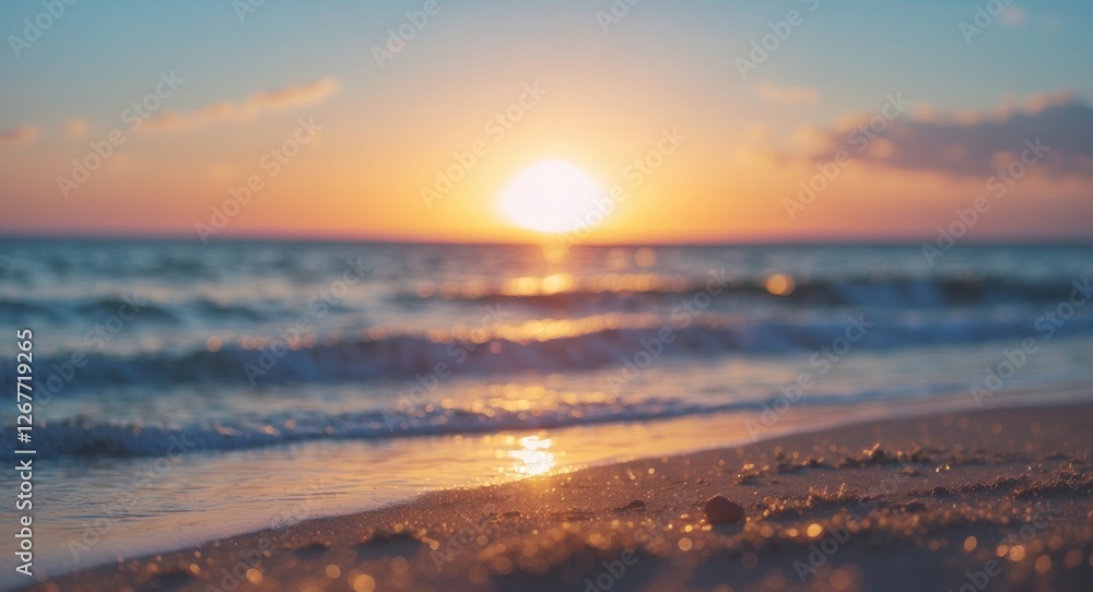 Poster sunset over the ocean with gentle waves lapping at a sandy beach creating a tranquil scene with warm