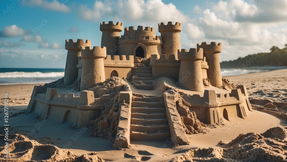 Poster sandcastle on beach with intricate towers and steps created from fine sand against a backdrop of sky