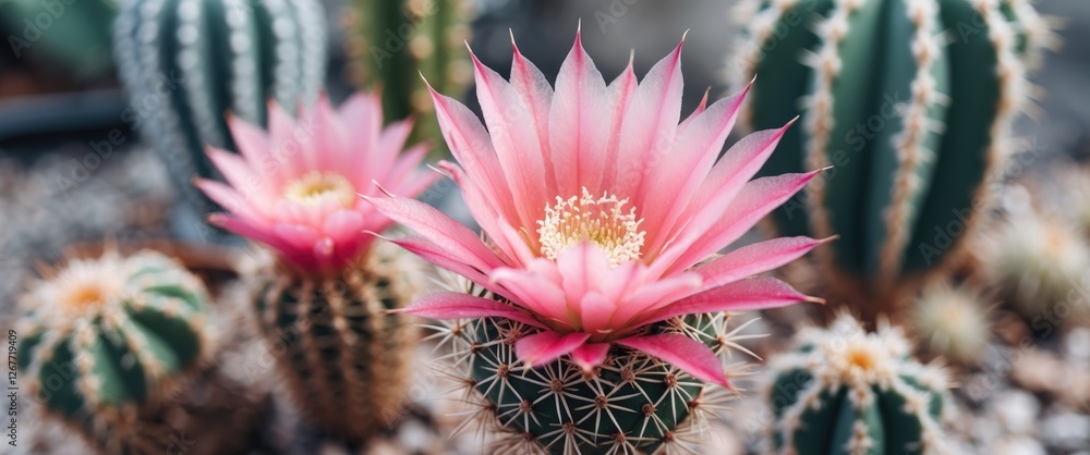 Poster pink flowering cactus with green spines in a desert landscape setting with soft focus background and