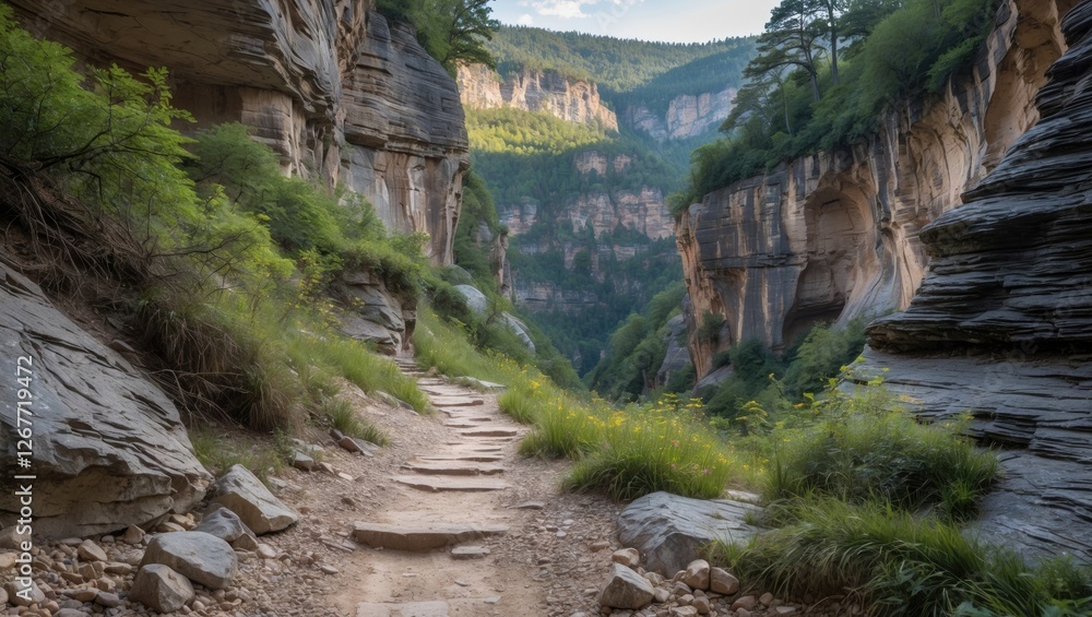 Poster rocky pathway through a scenic canyon with lush greenery and towering cliffs under a bright sky with