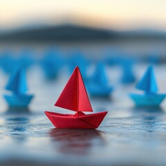 Red Paper Boat Leading Blue Paper Boats