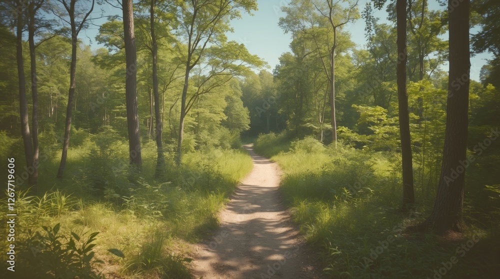 Poster forest pathway through lush greenery on a sunny day with trees flanking the trail and soft sunlight 