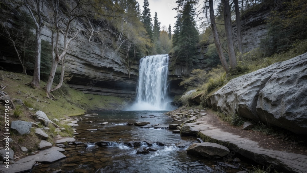 Poster waterfall cascading over rocky cliffs surrounded by lush forest landscape in a serene natural settin