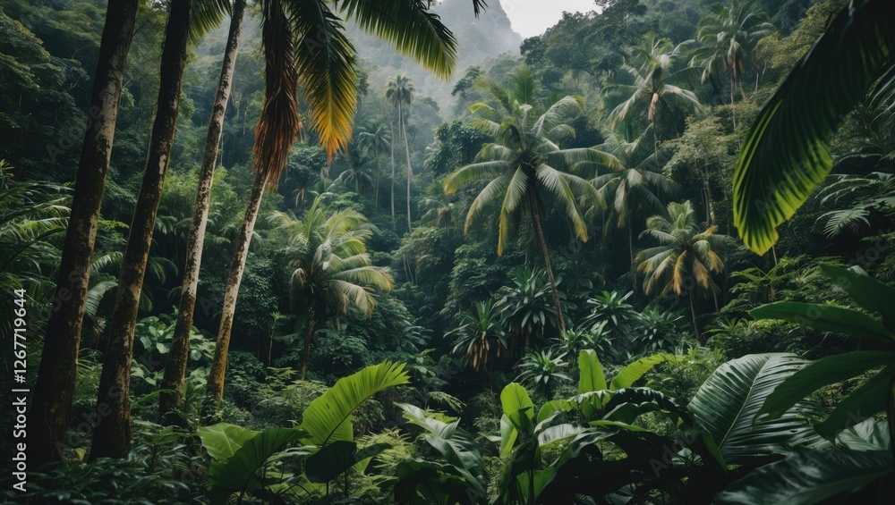 Poster lush tropical rainforest with varied foliage and palm trees creating a dense green environment with 
