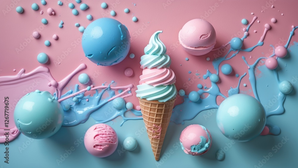 Poster colored ice cream cones and scoops on a pink and blue background with splashes and drips, featuring 