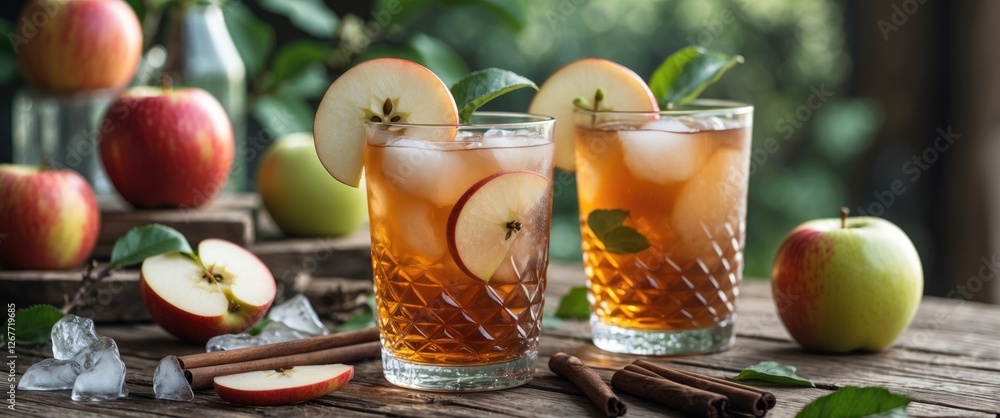 Poster fresh apple drinks in glasses garnished with apple slices and mint on a rustic table with apples and