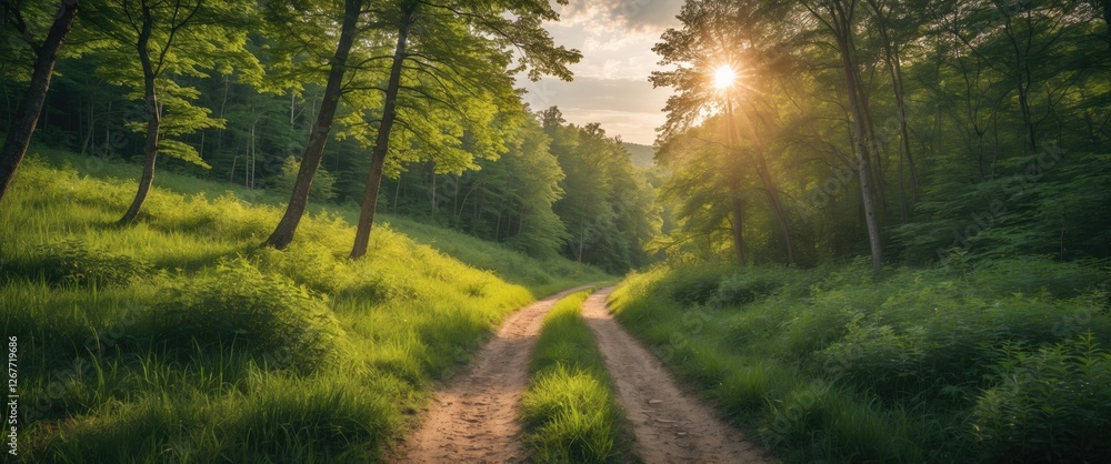 Poster sunlight filtering through trees on a forest path surrounded by green grass and foliage, tranquil la