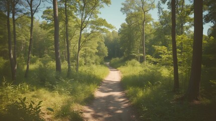 Fototapeta premium Forest pathway through lush greenery on a sunny day with trees flanking the trail and soft sunlight filtering through leaves Copy Space