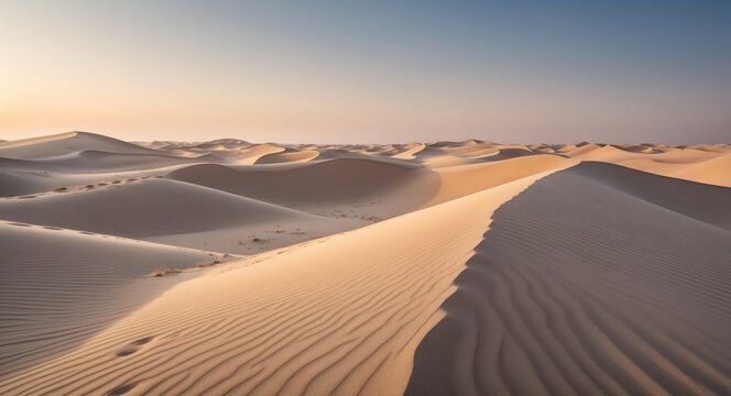 Desert landscape with undulating sand dunes under a clear sky at sunset showcasing natural patterns and textures with Copy Space
