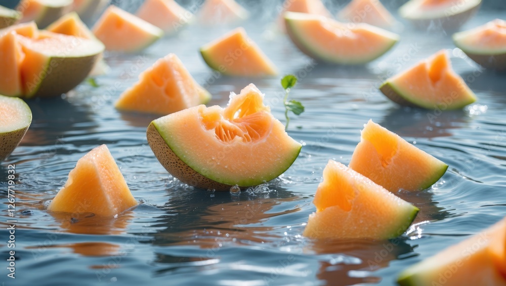 Poster slices of cantaloupe floating on water with reflections and soft lighting providing a fresh and vibr