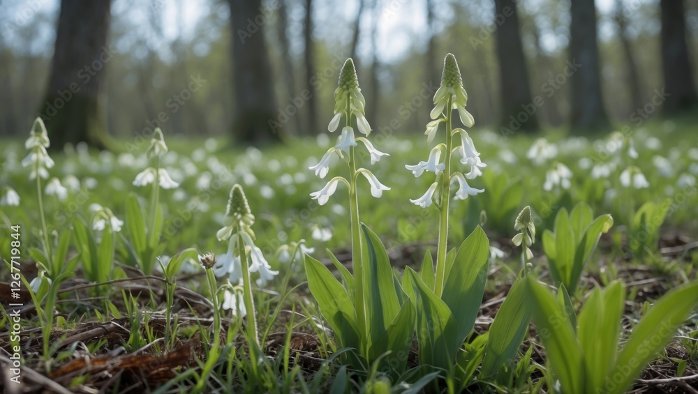 Poster white orchids blooming in lush green forest floor under soft natural light with blurred background c