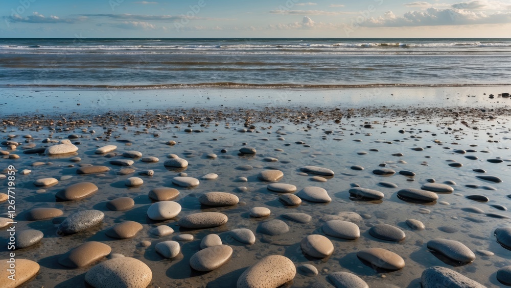 Poster pebbles on the beach at low tide with ocean waves in the background and cloudy sky during golden hou