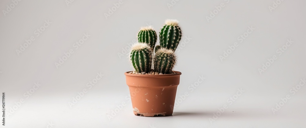 Poster cactus plant with multiple green spines in a terracotta pot on white background with ample copy spac