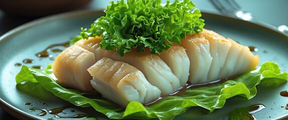 Freshly prepared fish fillet garnished with lettuce on a plate with soy sauce in a restaurant setting Copy Space